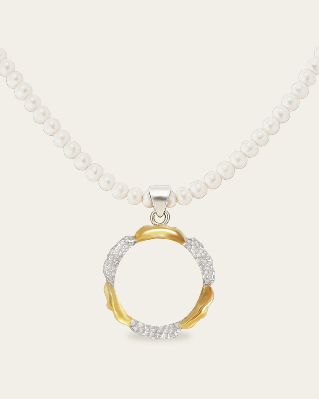 Mixed-metal Amusement pendant with gold and hammered silver textures on a white pearl strand necklace