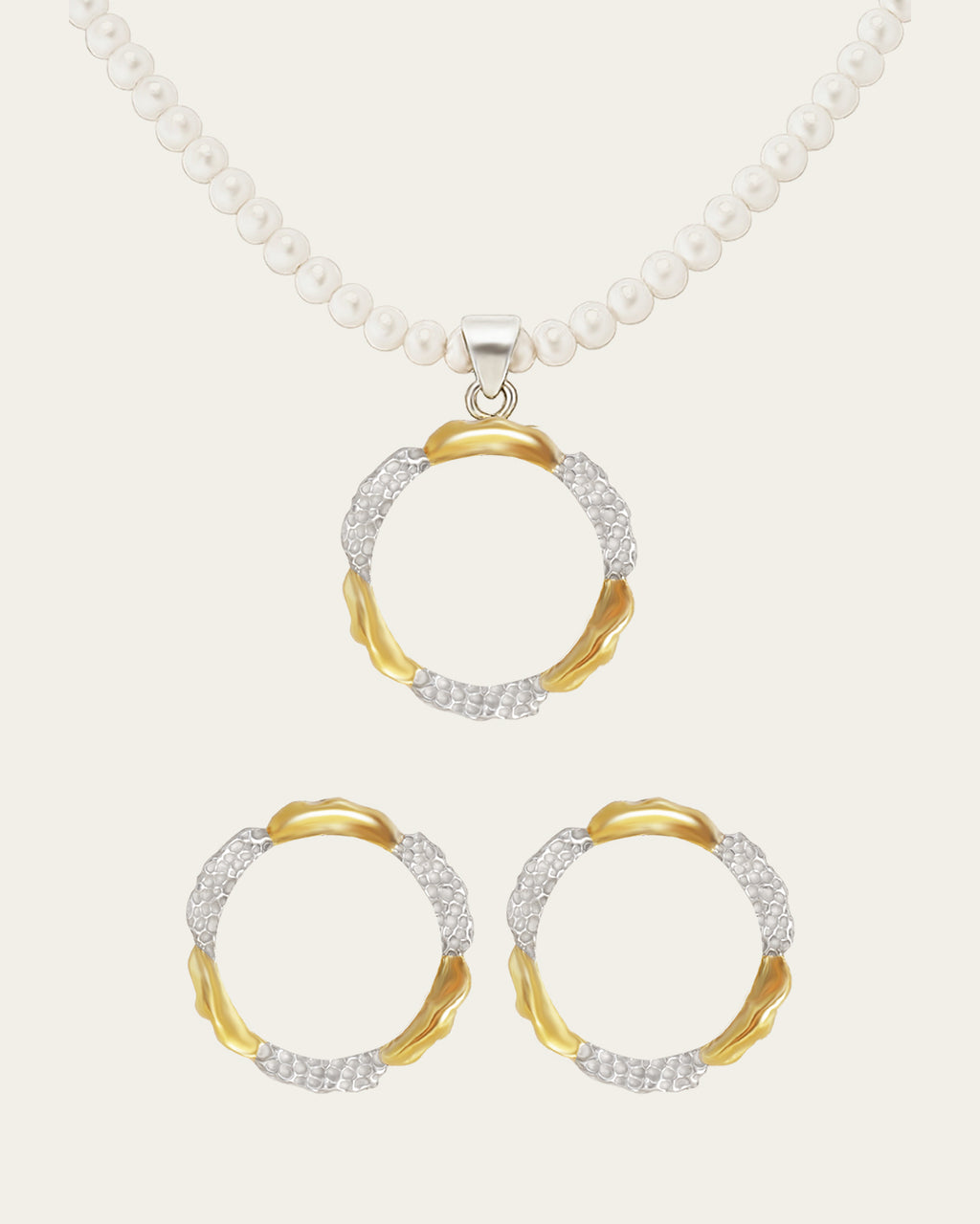 ASJ Amusement jewelry set flatlay. Handcrafted 18K gold and rhodium plated brass pendant necklace with pearls and matching earrings on white background.