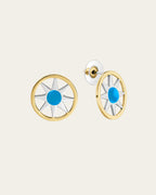 Ancient Sun gold drop earrings with a radiant sunburst design and central textured disk