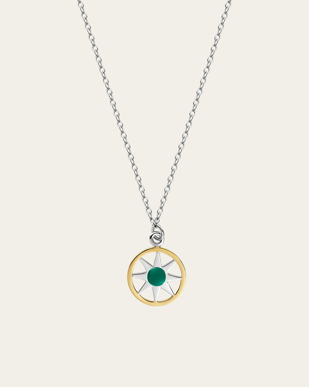 Ancient Sun pendant necklace in sterling silver and 18k gold plating with a sunburst motif and a delicate adjustable chain.