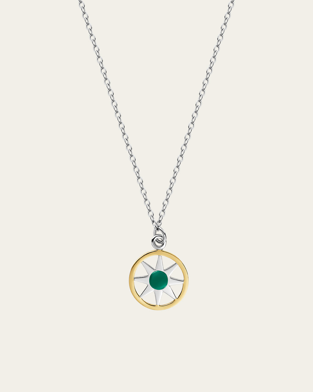 Ancient Sun pendant necklace in sterling silver and 18k gold plating with a sunburst motif and a delicate adjustable chain.