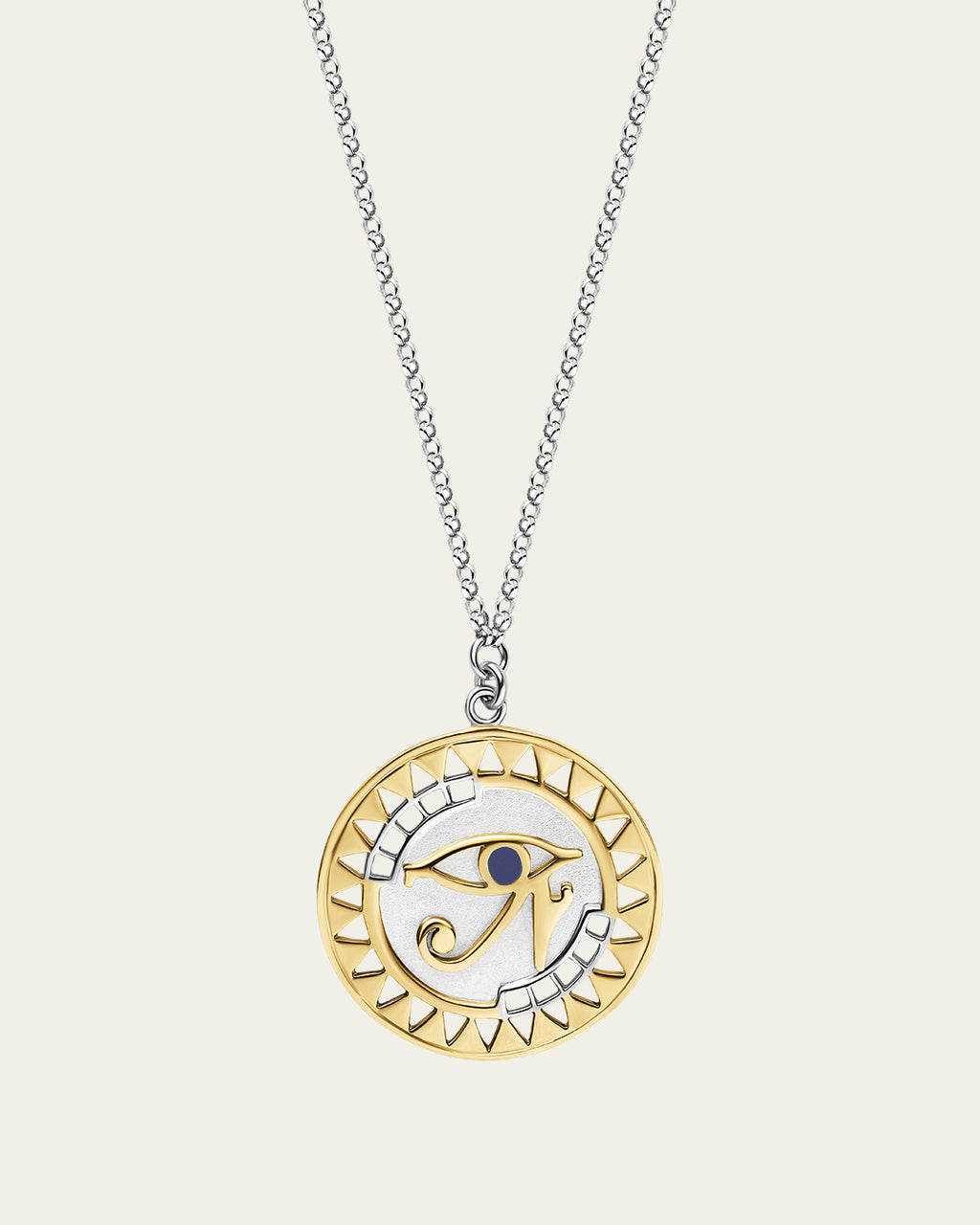 Sterling silver Eye of Horus necklace with protective symbolism and textured geometric accents.