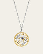 Sterling silver Eye of Horus necklace with protective symbolism and textured geometric accents.