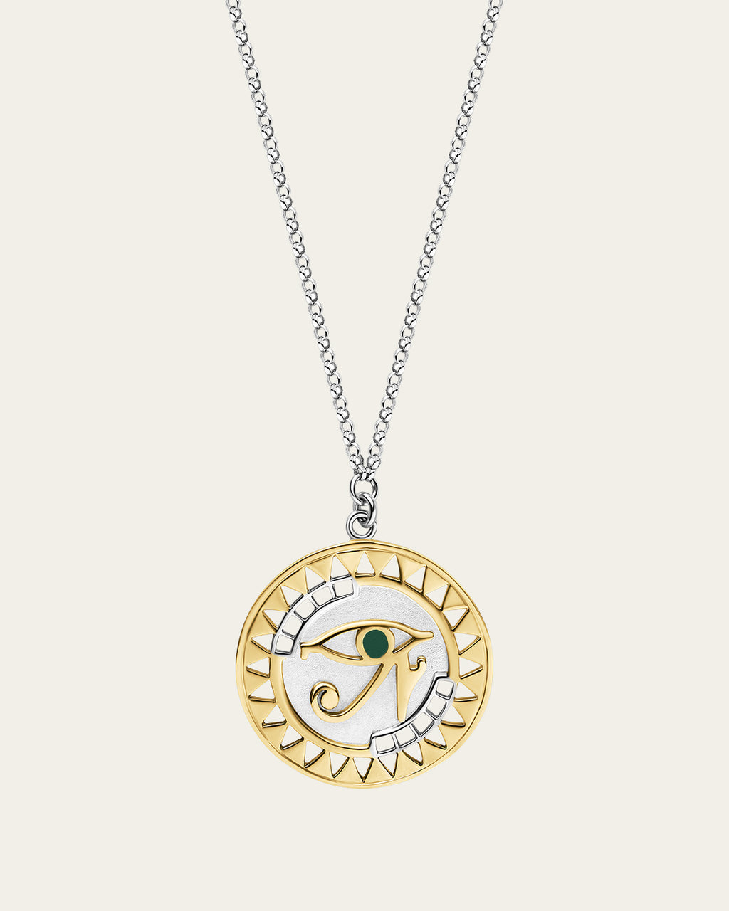 Sterling silver Eye of Horus necklace with protective symbolism and textured geometric accents.