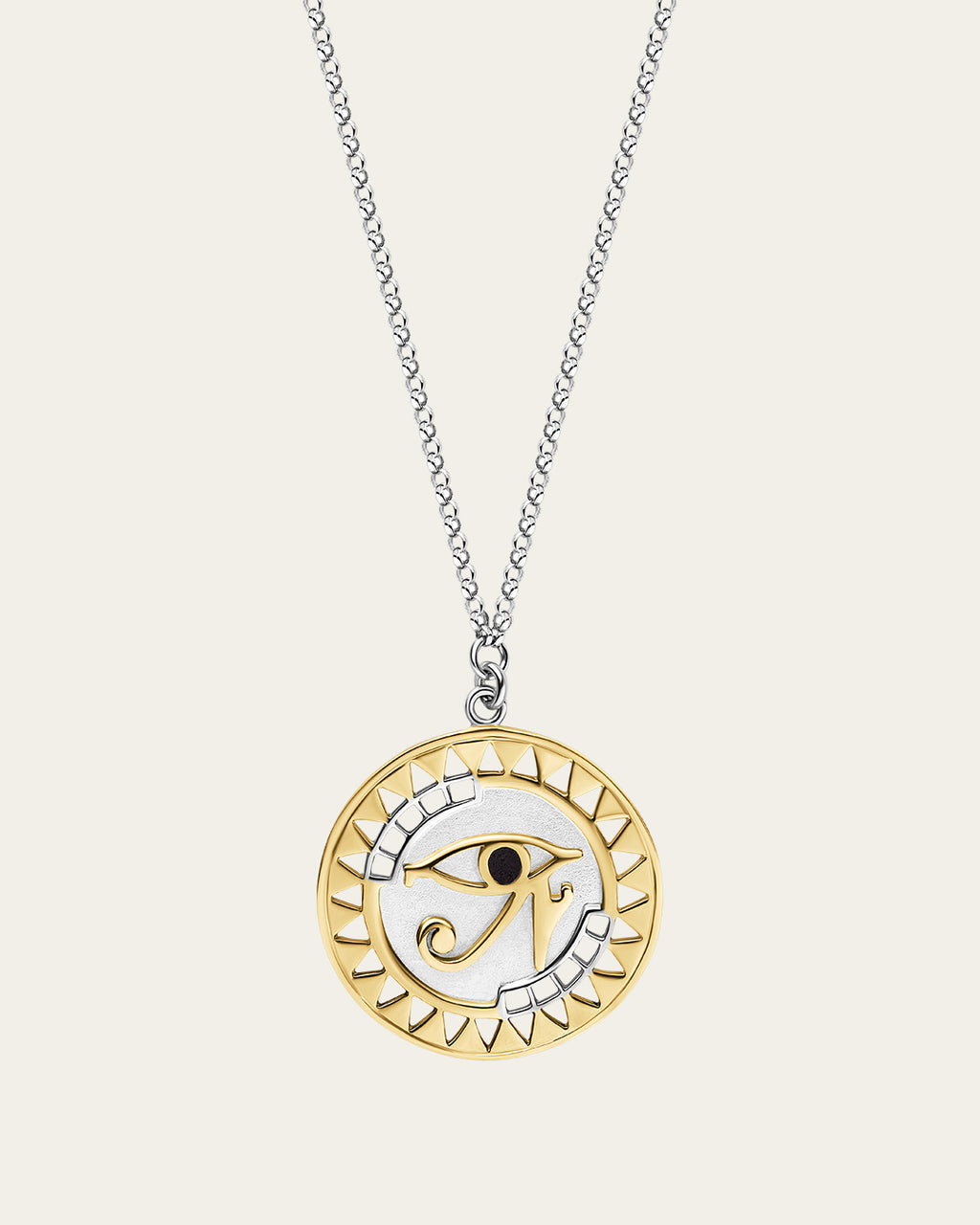 Sterling silver Eye of Horus necklace with protective symbolism and textured geometric accents.
