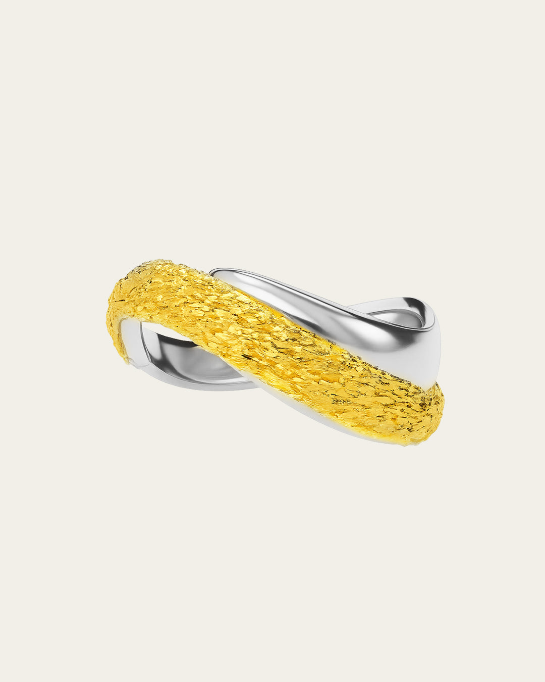 Rivera ring in 18k gold plated and rhodium finishes with a unique open-work sculptural wave design, Mixed-metal Rivera ring with rhodium and 18k gold plating, a modern geometric band for stacking