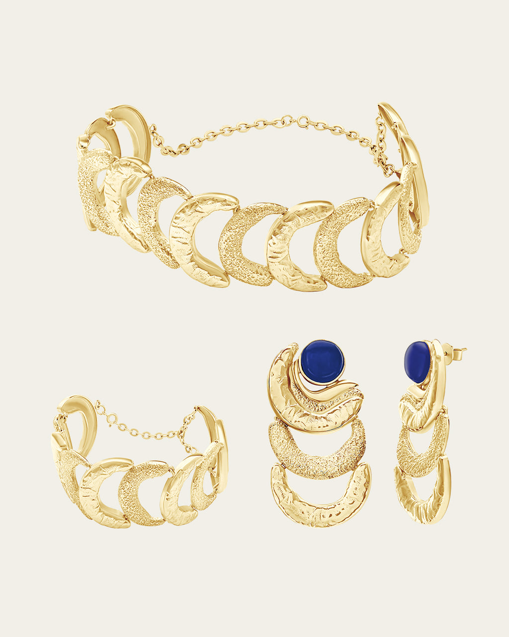 Textured gold Suhail earrings and cuff set with vibrant blue gemstone accents in a handcrafted organic design.