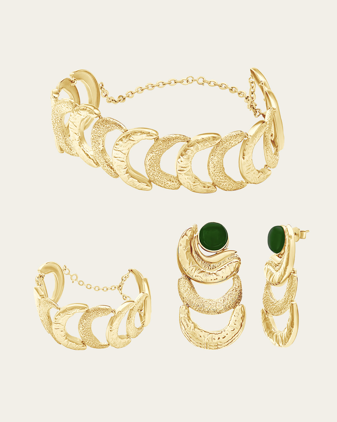 Textured gold Suhail earrings and cuff set with vibrant green gemstone accents in a handcrafted organic design.