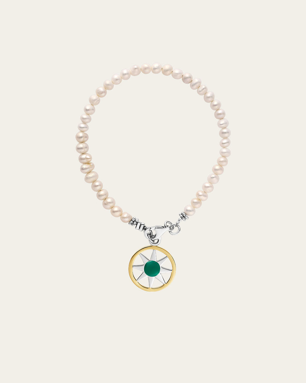 sterling silver and 18k Gold Ancient Sun link bracelet with multiple sunburst charms and a secure lobster clasp, white pearl beads