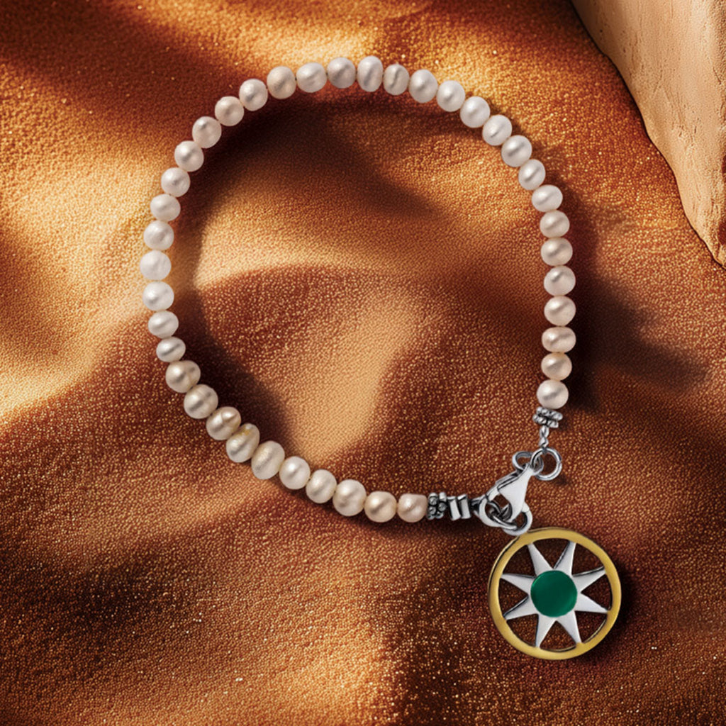 sterling silver and 18k Gold Ancient Sun link bracelet with multiple sunburst charms and a secure lobster clasp, white pearl beads