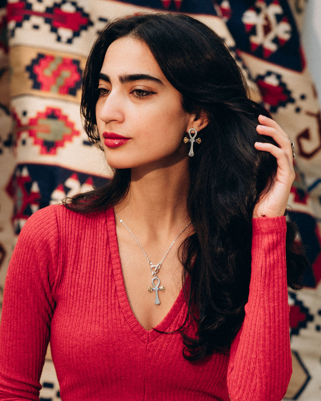 sterling silver and 18k gold plated lotus, Ankh symbol necklace representing eternal life with a hammered texture and polished edges