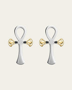 sterling silver and 18k gold plated lotus, Ankh symbol earrings representing eternal life with a hammered texture and polished edges