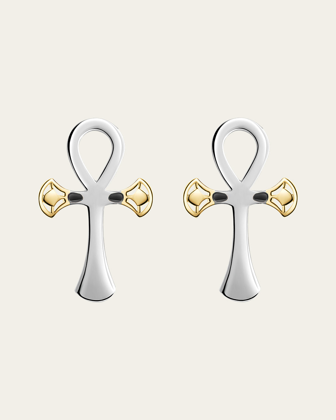 sterling silver and 18k gold plated lotus, Ankh symbol earrings representing eternal life with a hammered texture and polished edges