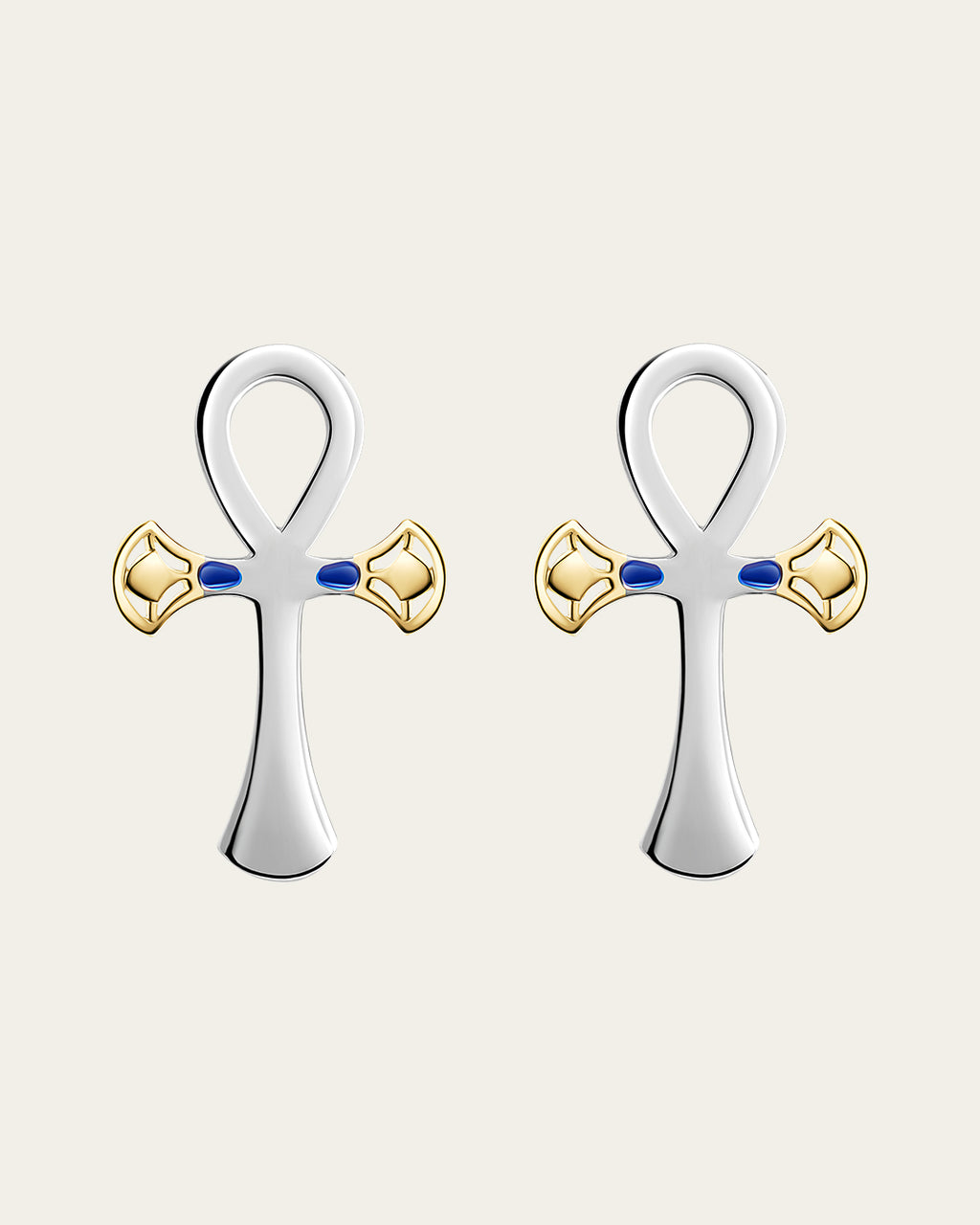 sterling silver and 18k gold plated lotus, Ankh symbol earrings representing eternal life with a hammered texture and polished edges
