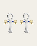 sterling silver and 18k gold plated lotus, Ankh symbol earrings representing eternal life with a hammered texture and polished edges