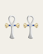 sterling silver and 18k gold plated lotus, Ankh symbol earrings representing eternal life with a hammered texture and polished edges