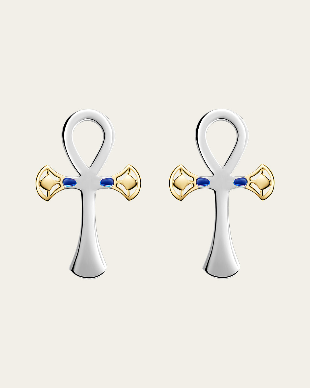 sterling silver and 18k gold plated lotus, Ankh symbol earrings representing eternal life with a hammered texture and polished edges