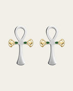 sterling silver and 18k gold plated lotus, Ankh symbol earrings representing eternal life with a hammered texture and polished edges