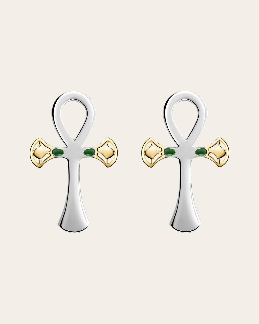 sterling silver and 18k gold plated lotus, Ankh symbol earrings representing eternal life with a hammered texture and polished edges