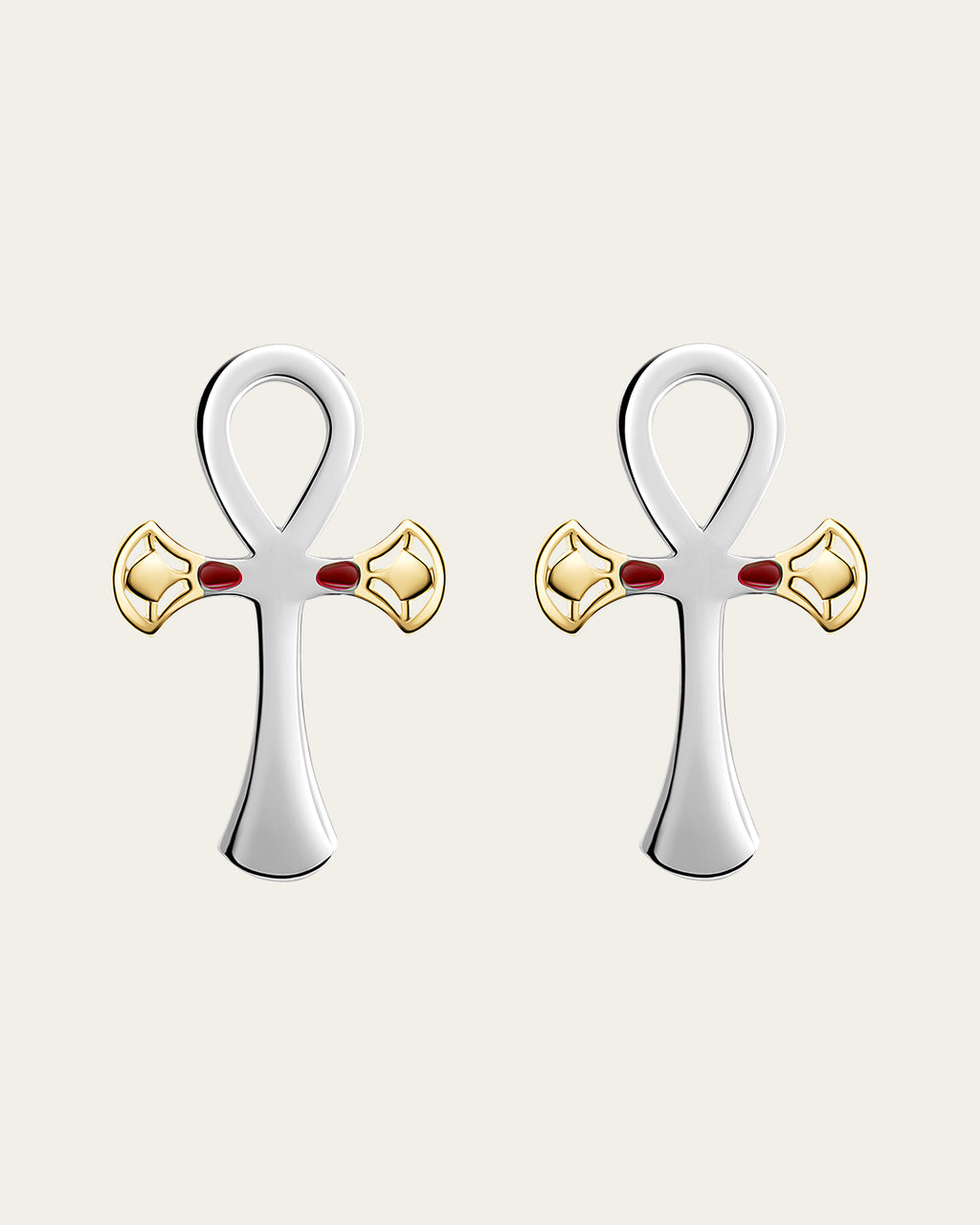 sterling silver and 18k gold plated lotus, Ankh symbol earrings representing eternal life with a hammered texture and polished edges