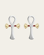 sterling silver and 18k gold plated lotus, Ankh symbol earrings representing eternal life with a hammered texture and polished edges