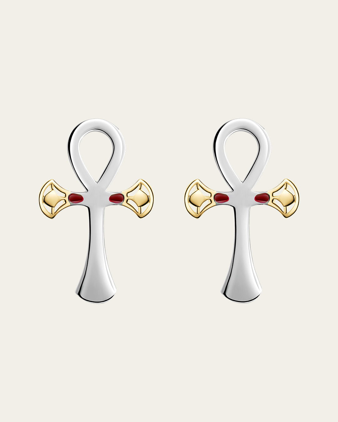 sterling silver and 18k gold plated lotus, Ankh symbol earrings representing eternal life with a hammered texture and polished edges