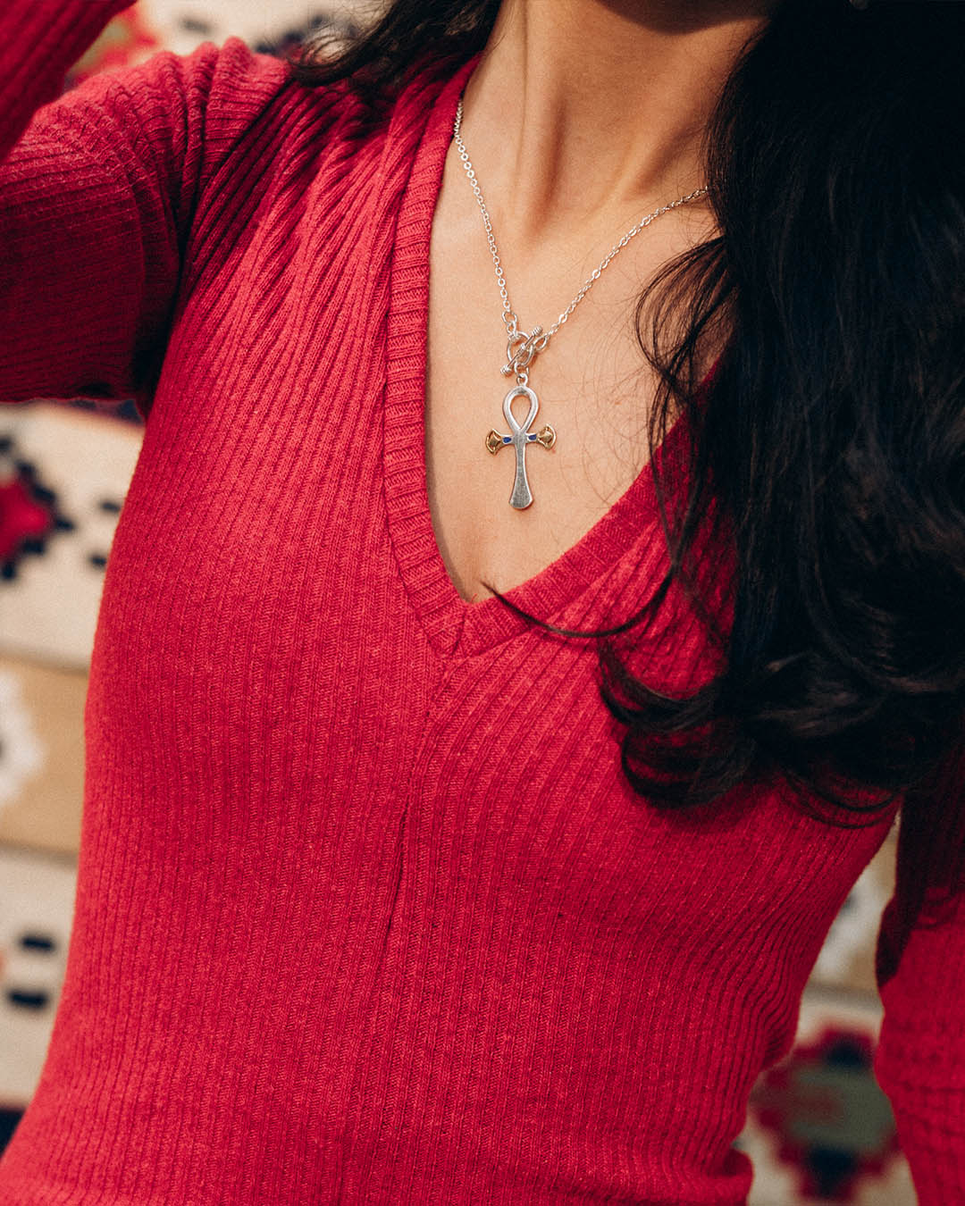 sterling silver and 18k gold plated lotus, Ankh symbol necklace representing eternal life with a hammered texture and polished edges