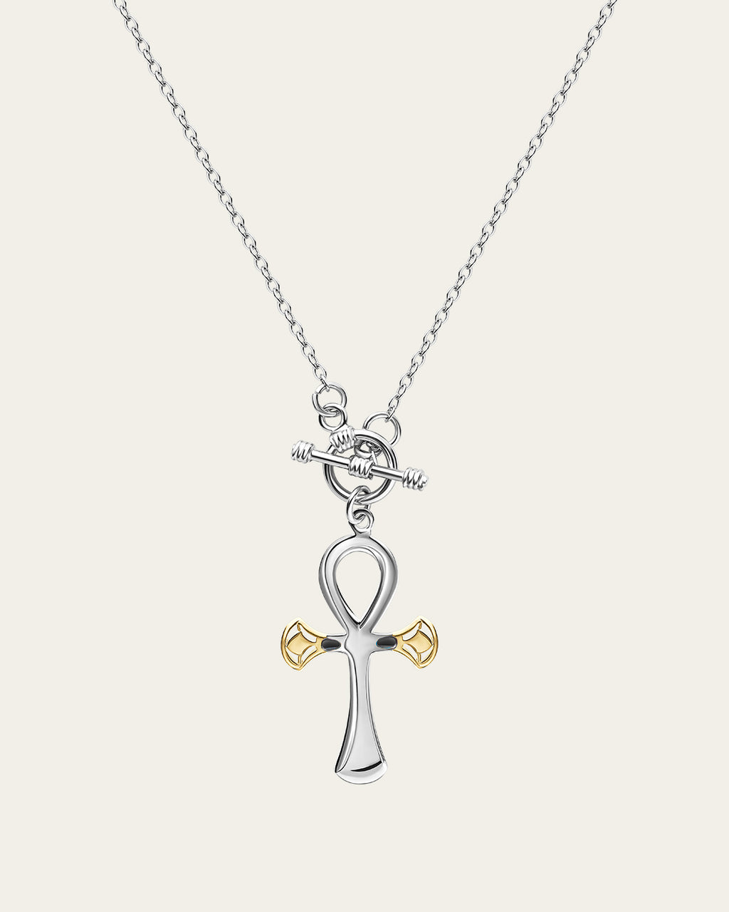 sterling silver and 18k gold plated lotus, Ankh symbol necklace representing eternal life with a hammered texture and polished edges