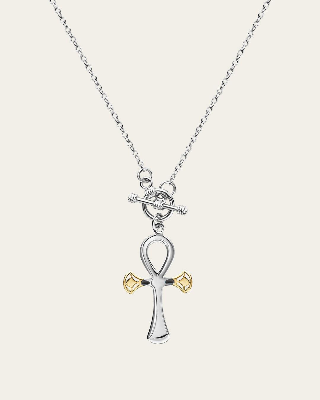 sterling silver and 18k gold plated lotus, Ankh symbol necklace representing eternal life with a hammered texture and polished edges