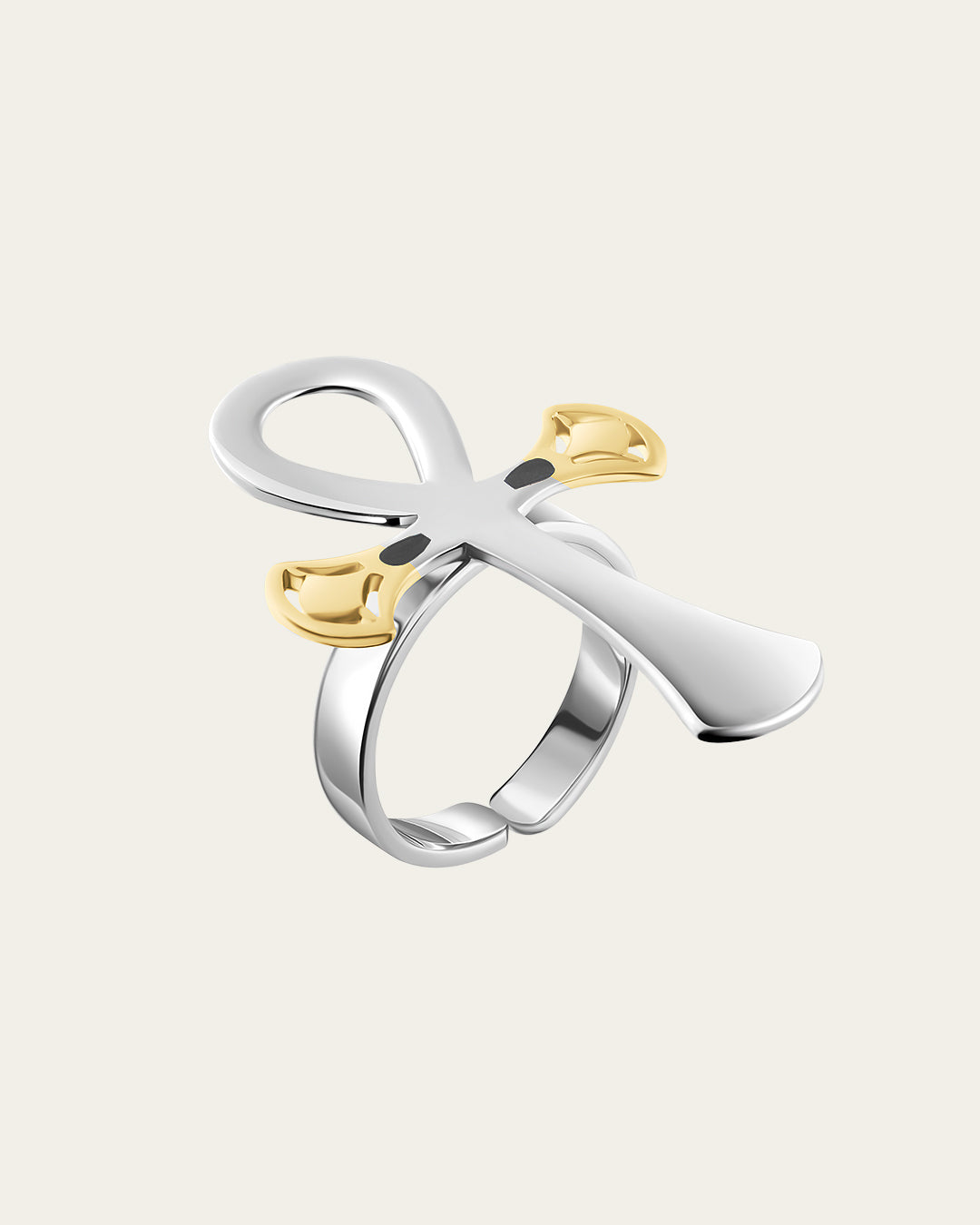 sterling silver and 18k gold plated lotus, Ankh symbol ring representing eternal life with a hammered texture and polished edges