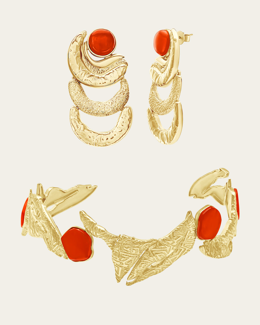 Handcrafted 18k gold plated Ghosoun stone choker with a textured branch aesthetic, suhail gold drop earrings with a celestial-inspired sunburst design