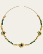 Glema necklace featuring earth-toned green resin and a central textured gold charm with a paua seahell