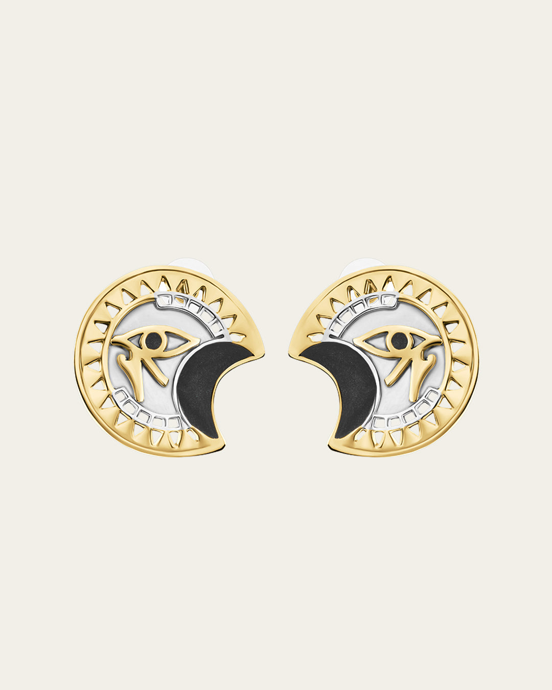 Sterling silver Eye of Horus earrings with protective symbolism and textured geometric accents.