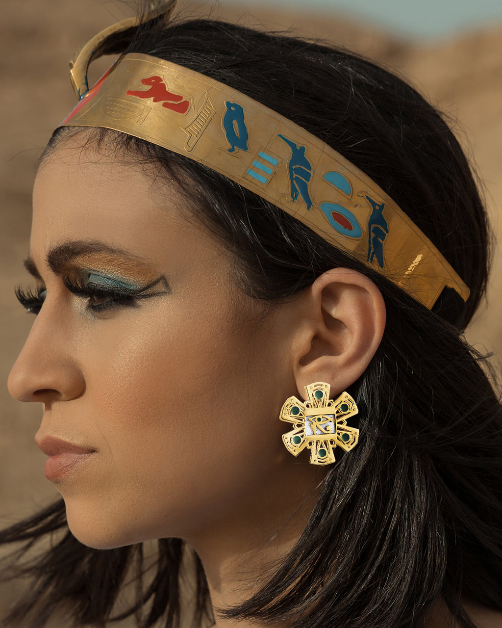 Statement Sterling silver gold Legend hoops with a bold chunky silhouette and a luxurious handcrafted texture Eye of Horus earrings with protective symbolism 