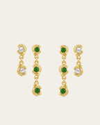 Mini Glema earrings stack in 18K gold-plated brass with green stones and white seashell details, shown as a coordinated drop-earring bundle with built-in 15% discount.