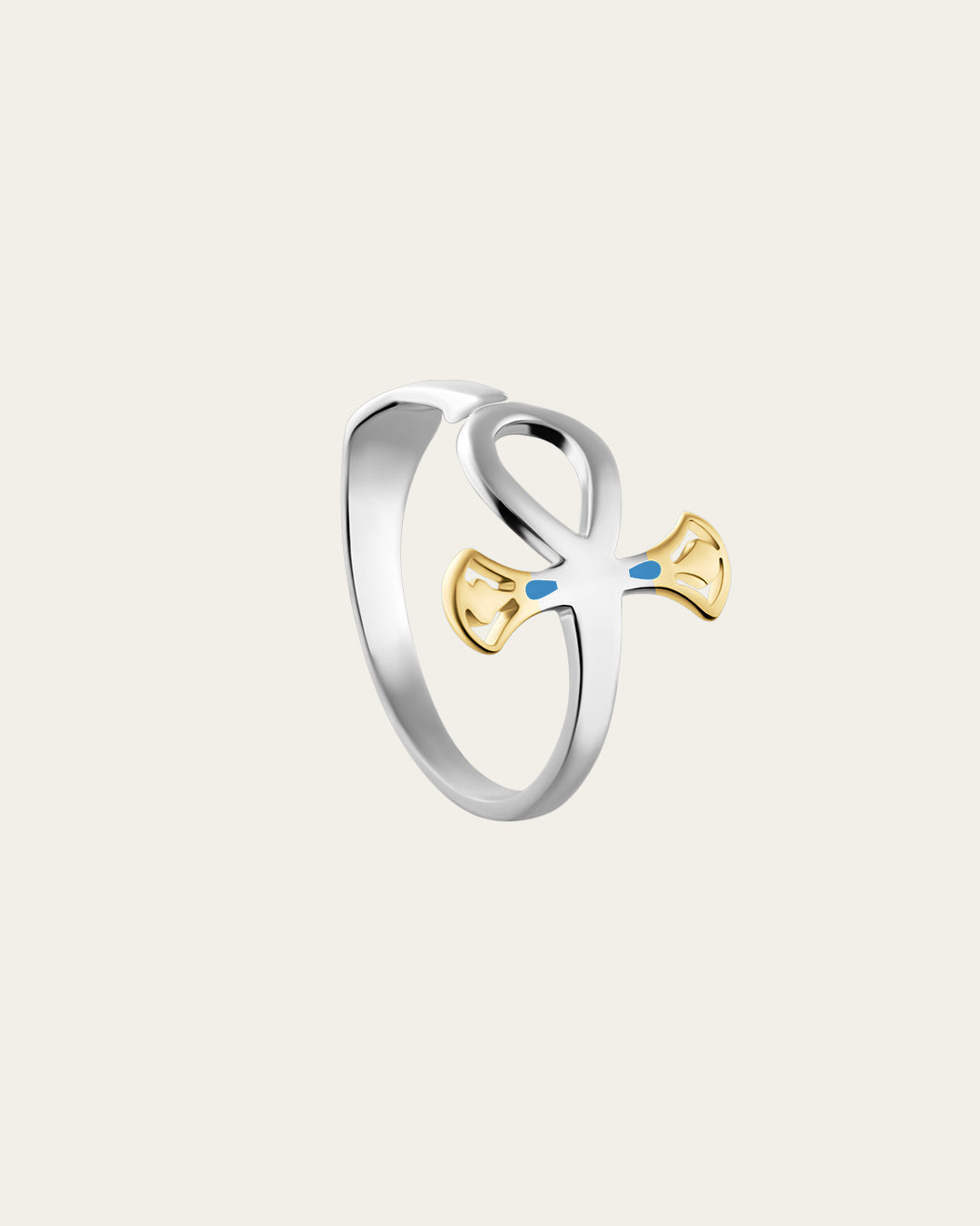 Polished sterling silver rounded Ankh ring, an ancient Egyptian symbol of life in a contemporary jewelry style.