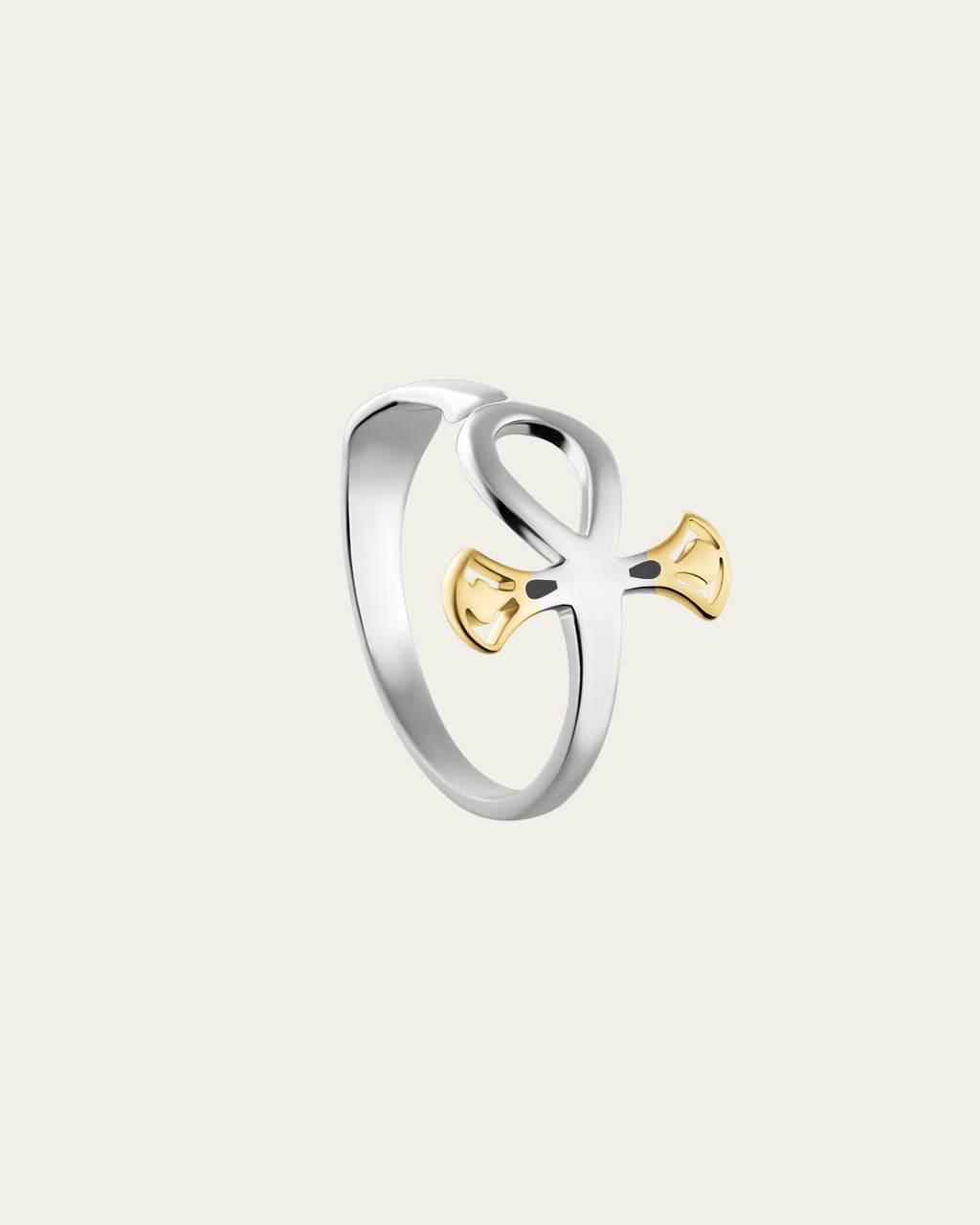 Polished sterling silver rounded Ankh ring, an ancient Egyptian symbol of life in a contemporary jewelry style.