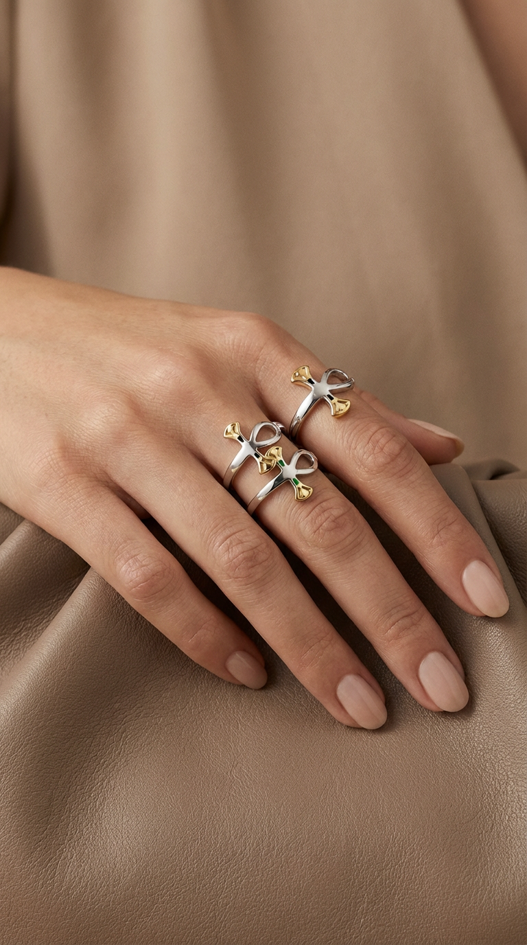 styling rounded ankh rings, Pair of sterling silver rings with 18k gold plated accents, inspired by the ankh symbol