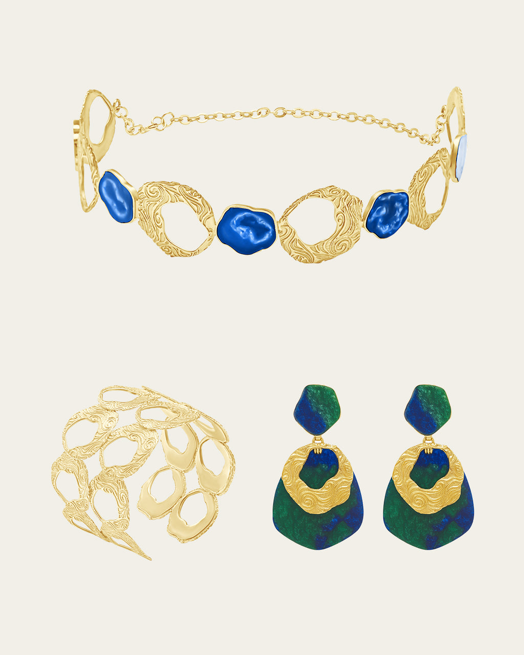 Gold Teif jewelry set with emerald green enamel choker, textured open cuff, and malachite-style drop earrings