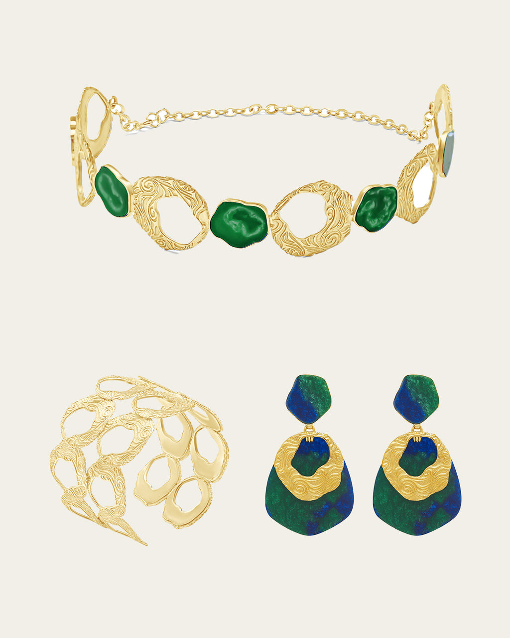 Gold Teif jewelry set with emerald green enamel choker, textured open cuff, and malachite-style drop earrings