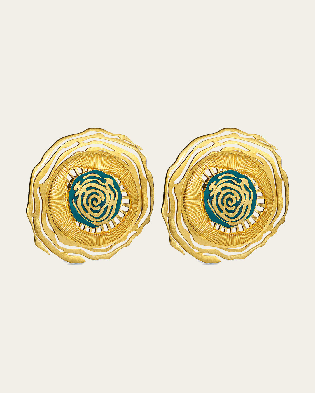 Whirl 18k gold plated earrings featuring dynamic spiral designs and a textured gold finish