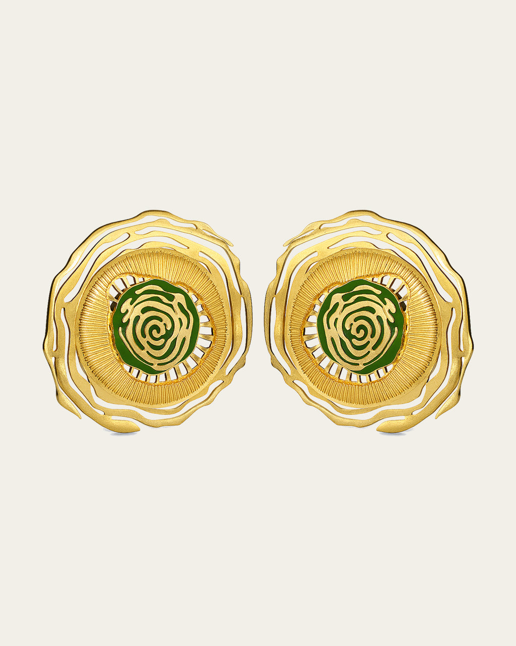 Whirl 18k gold plated earrings featuring dynamic spiral designs and a textured gold finish